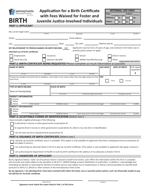 Application for a Birth Certificate With Fees Waived for Foster and Juvenile Justice-Involved Individuals - Pennsylvania Download Pdf