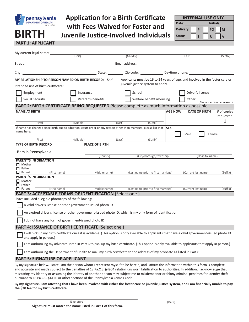 Application for a Birth Certificate With Fees Waived for Foster and Juvenile Justice-Involved Individuals - Pennsylvania, Page 1