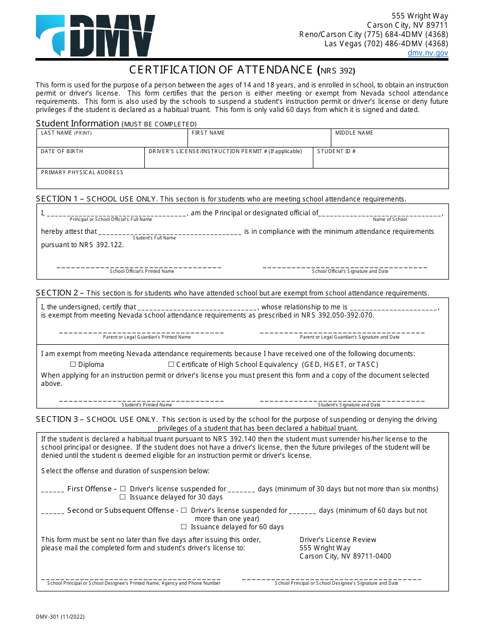 Form DMV-301 Certification of Attendance - Nevada, Page 1