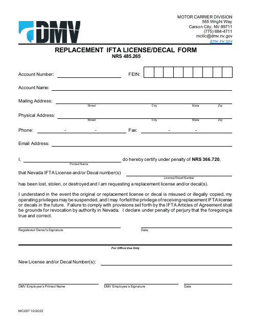 Form MC097 Replacement Ifta License/Decal Form - Nevada
