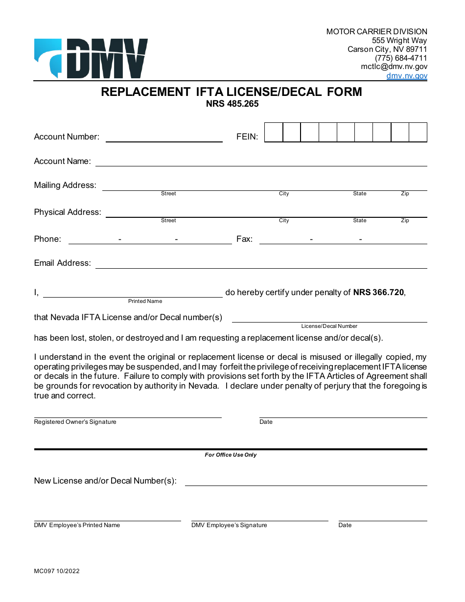 Form MC097 Replacement Ifta License / Decal Form - Nevada, Page 1
