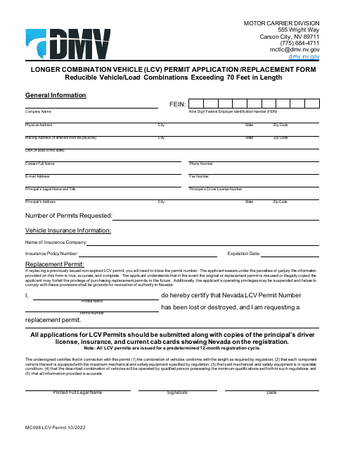 Form MC098 Longer Combination Vehicle (Lcv) Permit Application/Replacement Form - Reducible Vehicle/Load Combinations Exceeding 70 Feet in Length - Nevada
