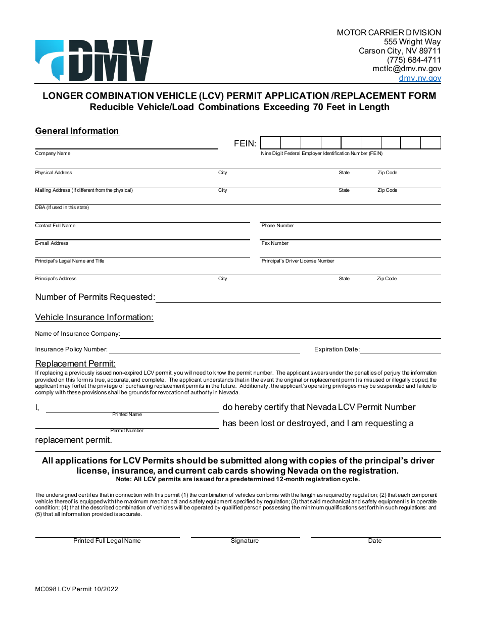 Form MC098 Longer Combination Vehicle (Lcv) Permit Application / Replacement Form - Reducible Vehicle / Load Combinations Exceeding 70 Feet in Length - Nevada, Page 1