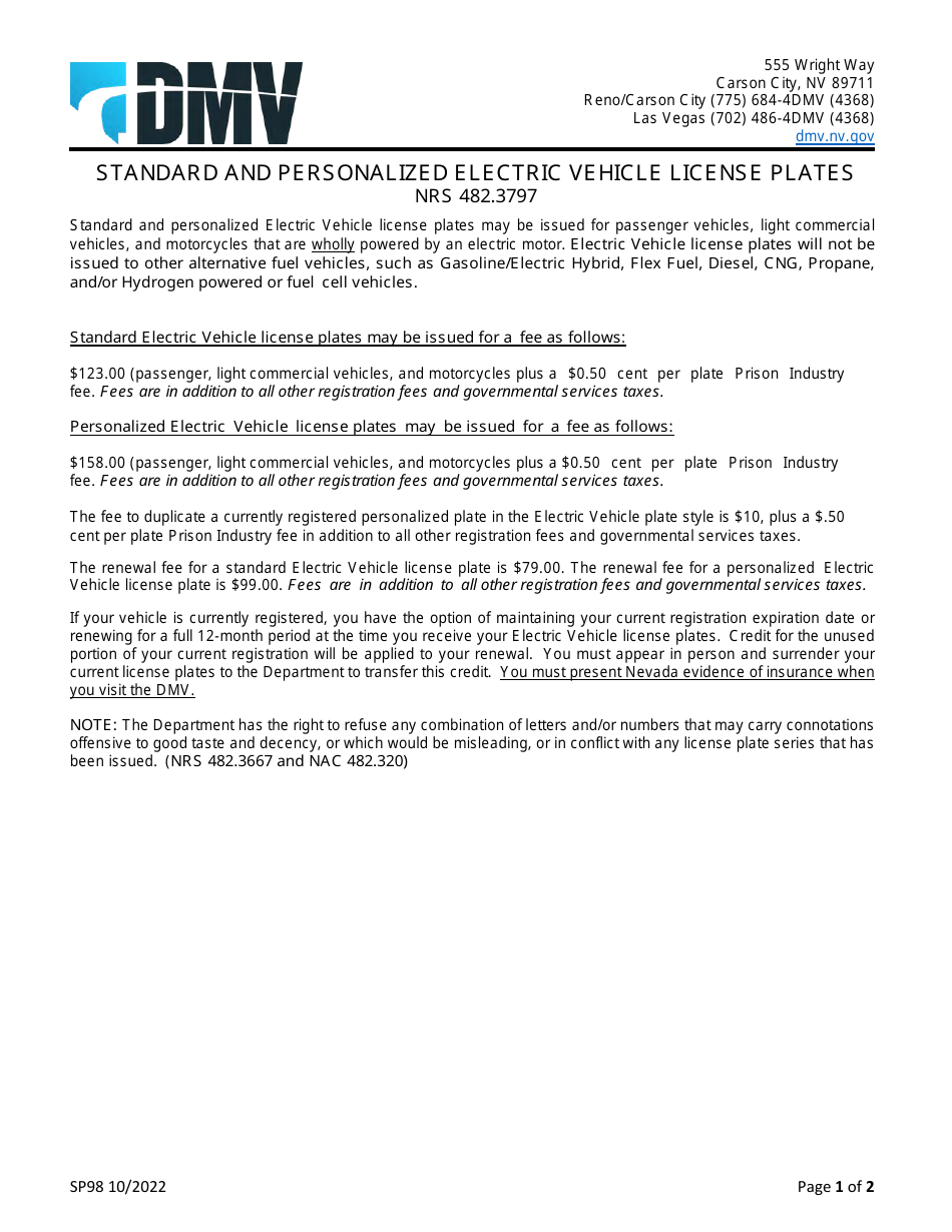 Form SP98 Standard and Personalized Electric Vehicle License Plates - Nevada, Page 1