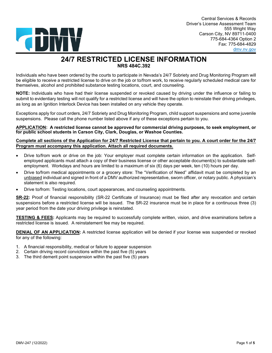 Form DMV-247 24 / 7 Application for Restricted License - Nevada, Page 1