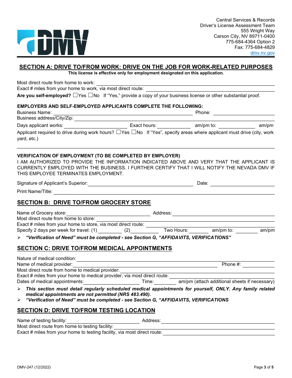 Form DMV-247 24 / 7 Application for Restricted License - Nevada, Page 3