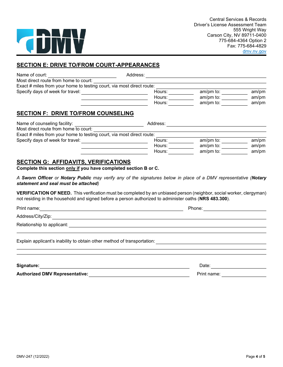 Form DMV-247 24 / 7 Application for Restricted License - Nevada, Page 4