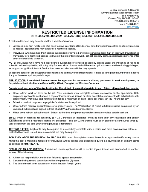 Form DMV-21 Application for Restricted License - Nevada