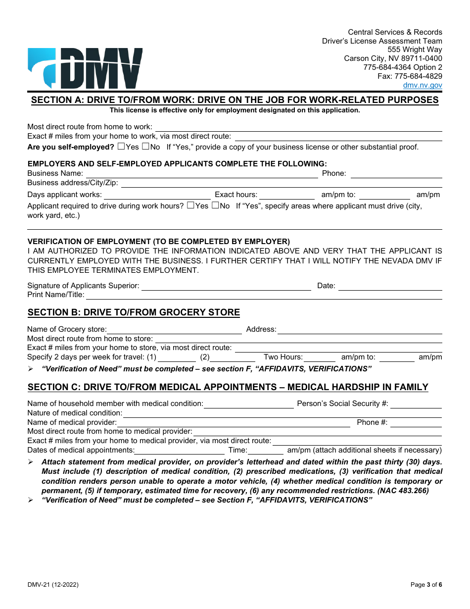 Form DMV-21 Application for Restricted License - Nevada, Page 3
