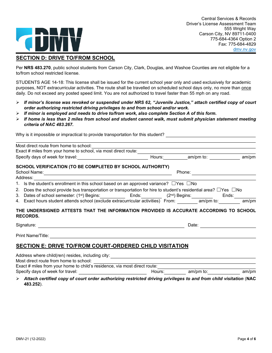 Form DMV-21 Application for Restricted License - Nevada, Page 4