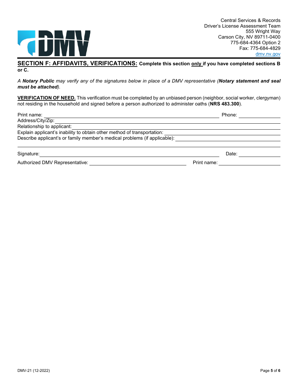 Form DMV-21 Application for Restricted License - Nevada, Page 5