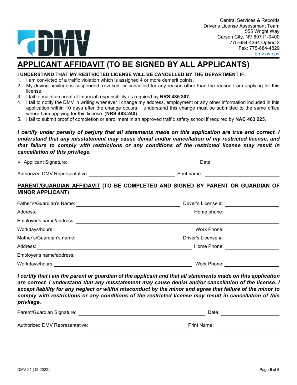 Form DMV-21 Application for Restricted License - Nevada, Page 6