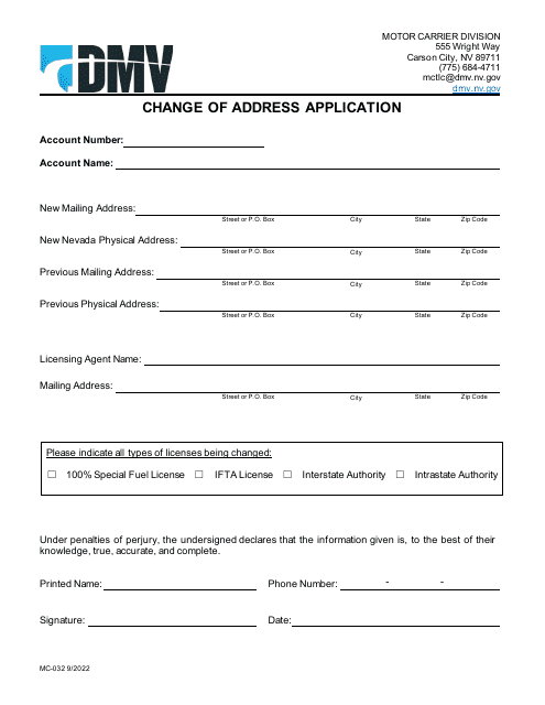 Form MC-032 Change of Address Application - Nevada