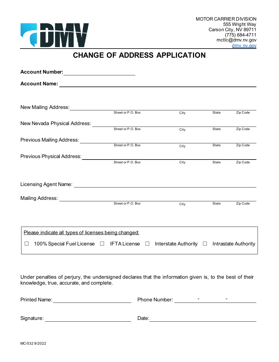 Form MC-032 Change of Address Application - Nevada, Page 1