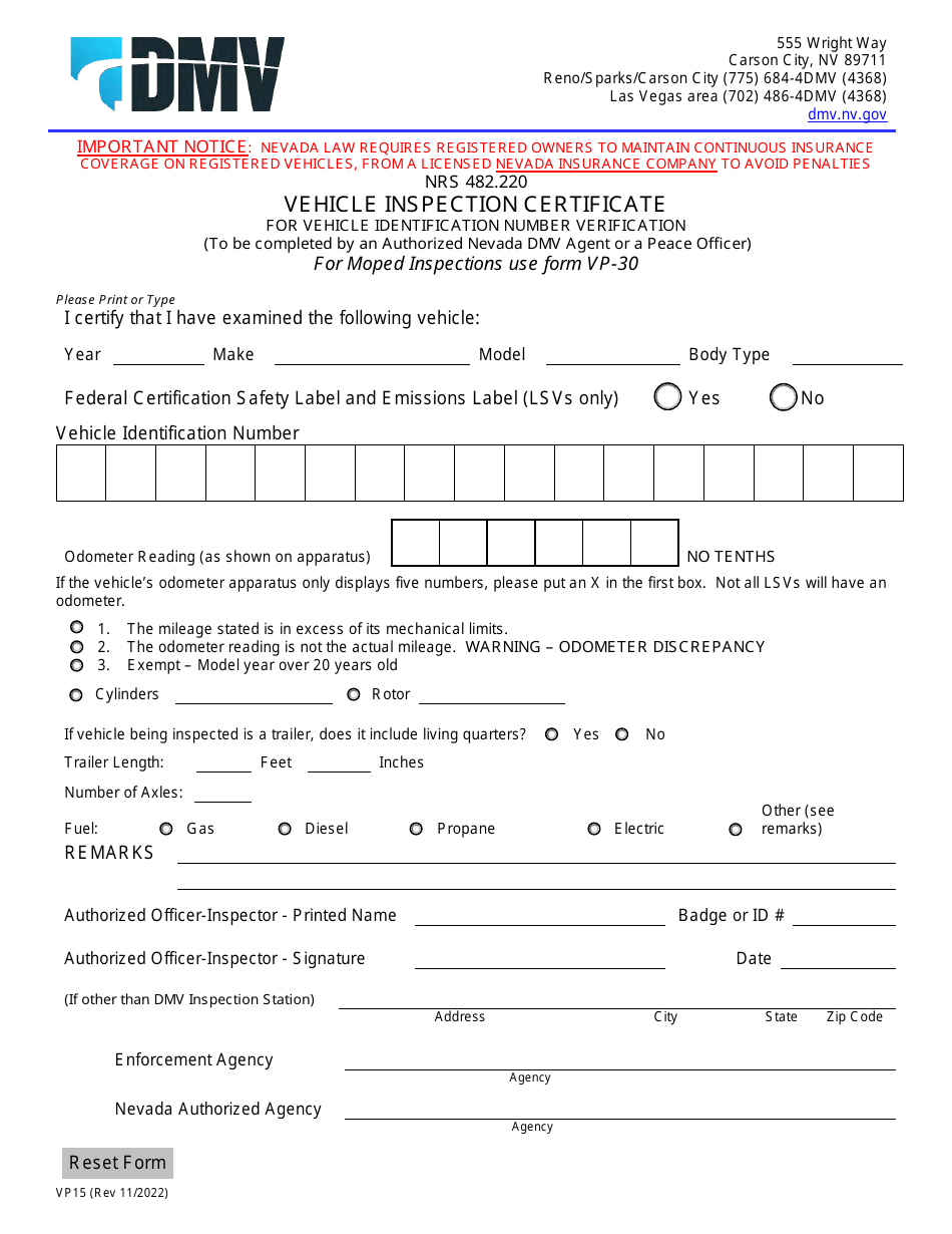 Form Vp15 Download Fillable Pdf Or Fill Online Vehicle Inspection 