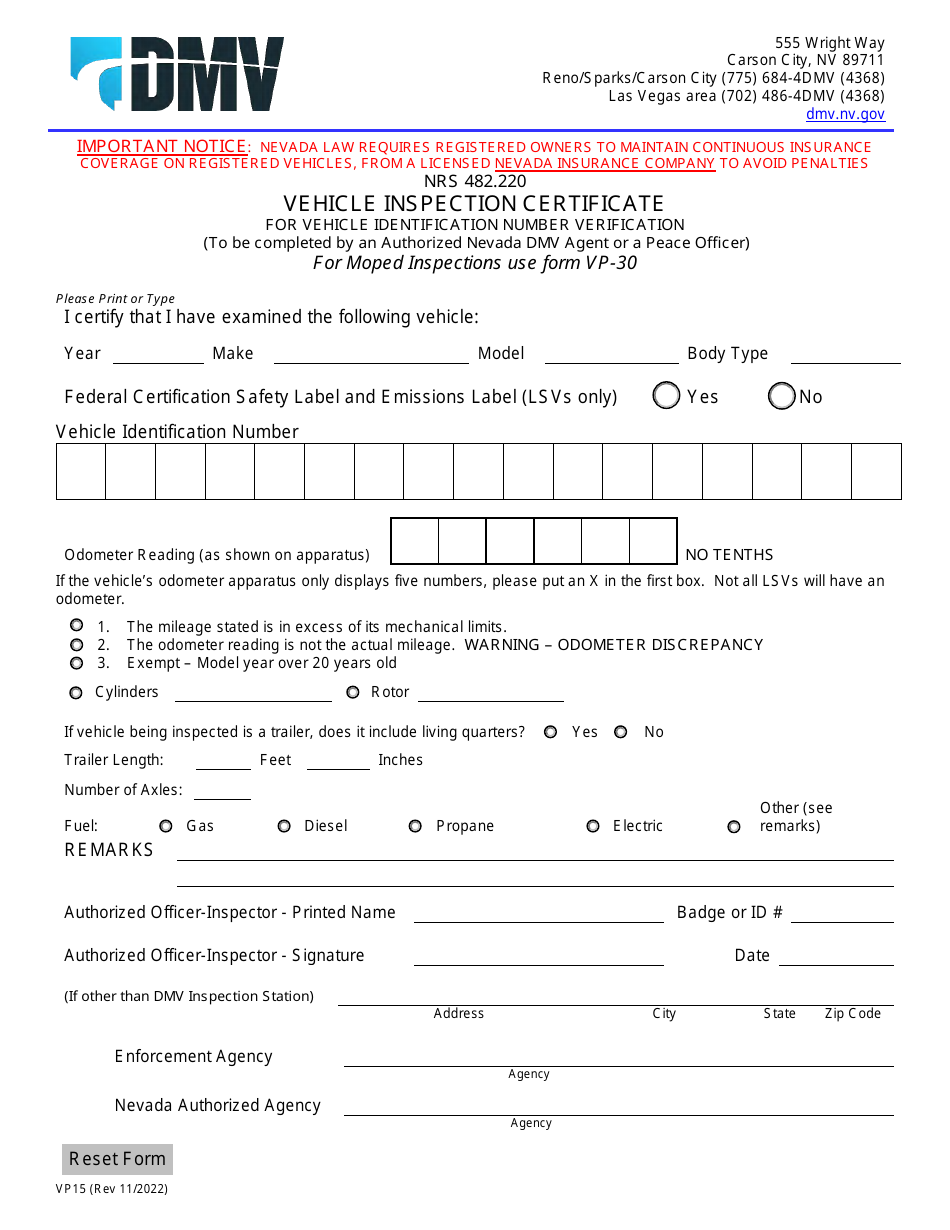 Form VP15 Vehicle Inspection Certificate for Vehicle Identification Number Verification - Nevada, Page 1