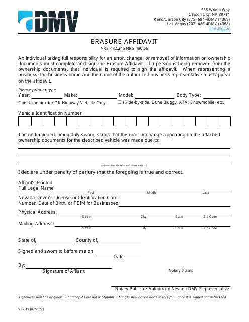 Form VP-019 Erasure Affidavit - Nevada