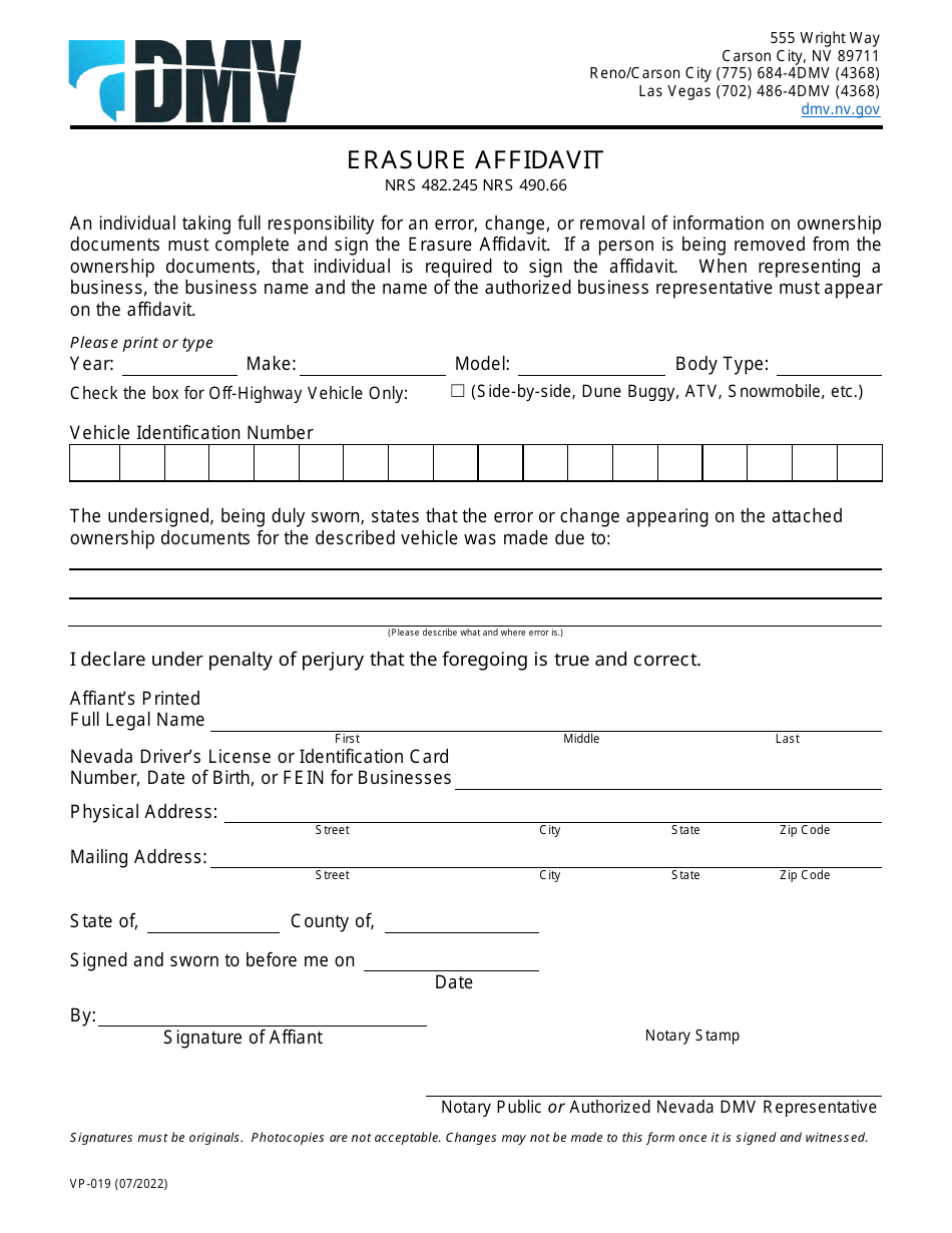 Form VP-019 Erasure Affidavit - Nevada, Page 1