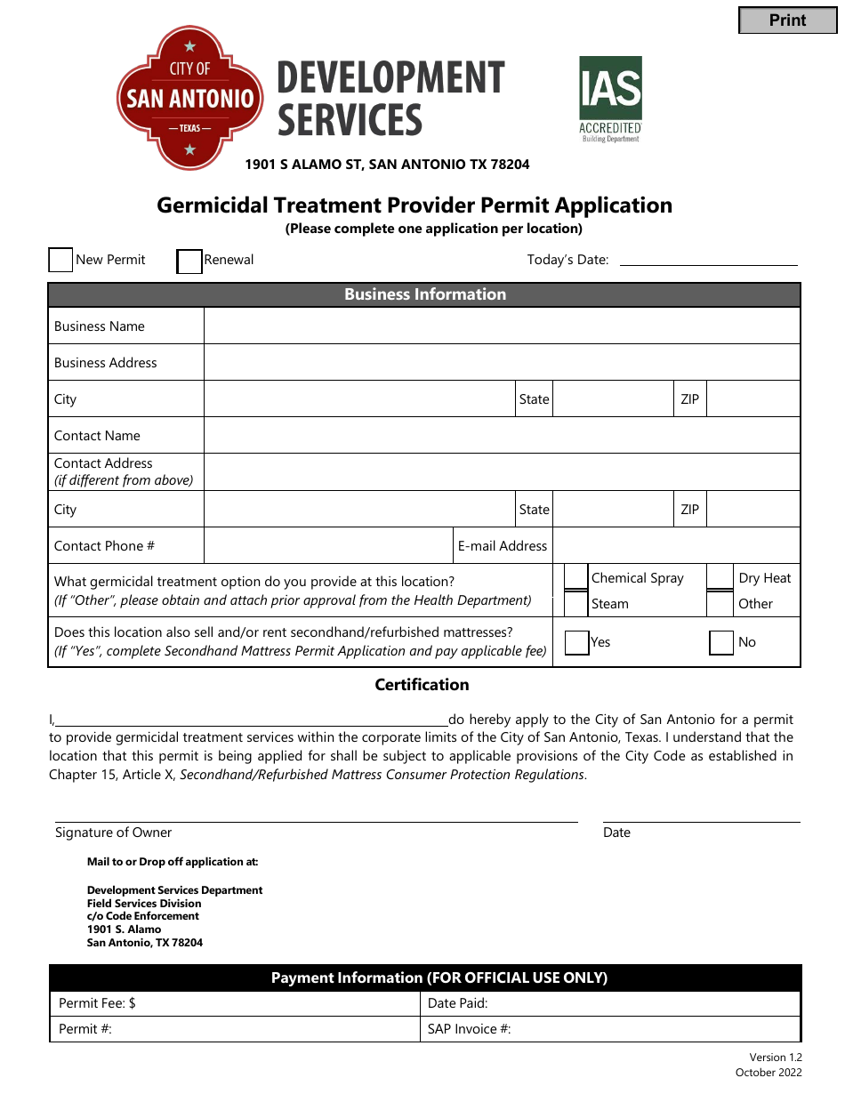 Germicidal Treatment Provider Permit Application - City of San Antonio, Texas, Page 1