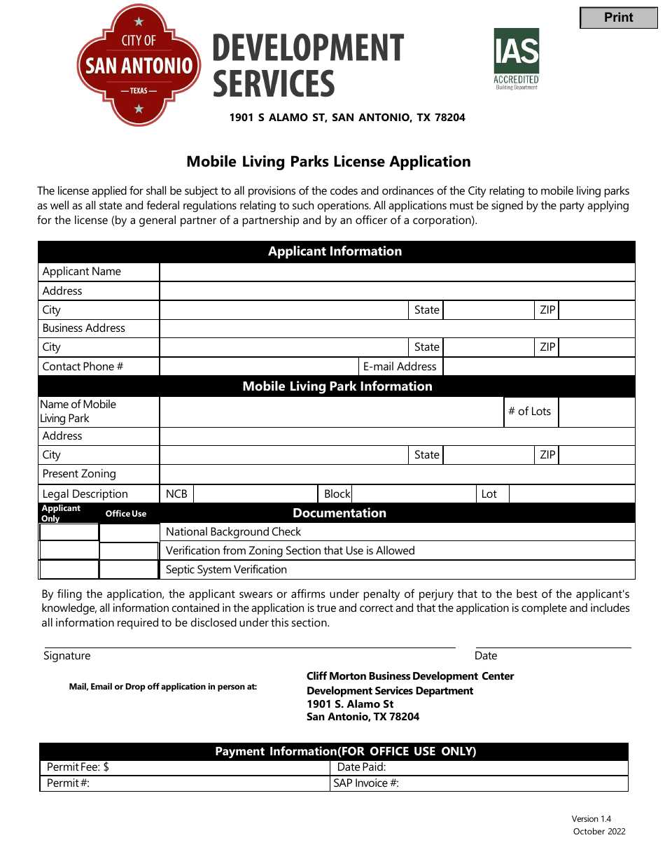 Mobile Living Parks License Application - City of San Antonio, Texas, Page 1