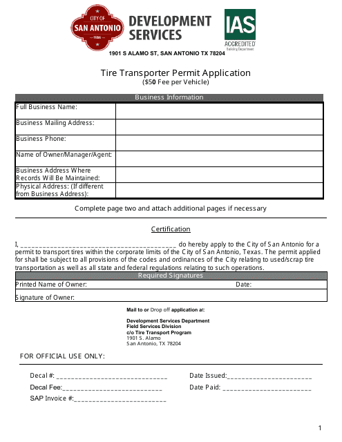 Tire Transporter Permit Application - City of San Antonio, Texas Download Pdf