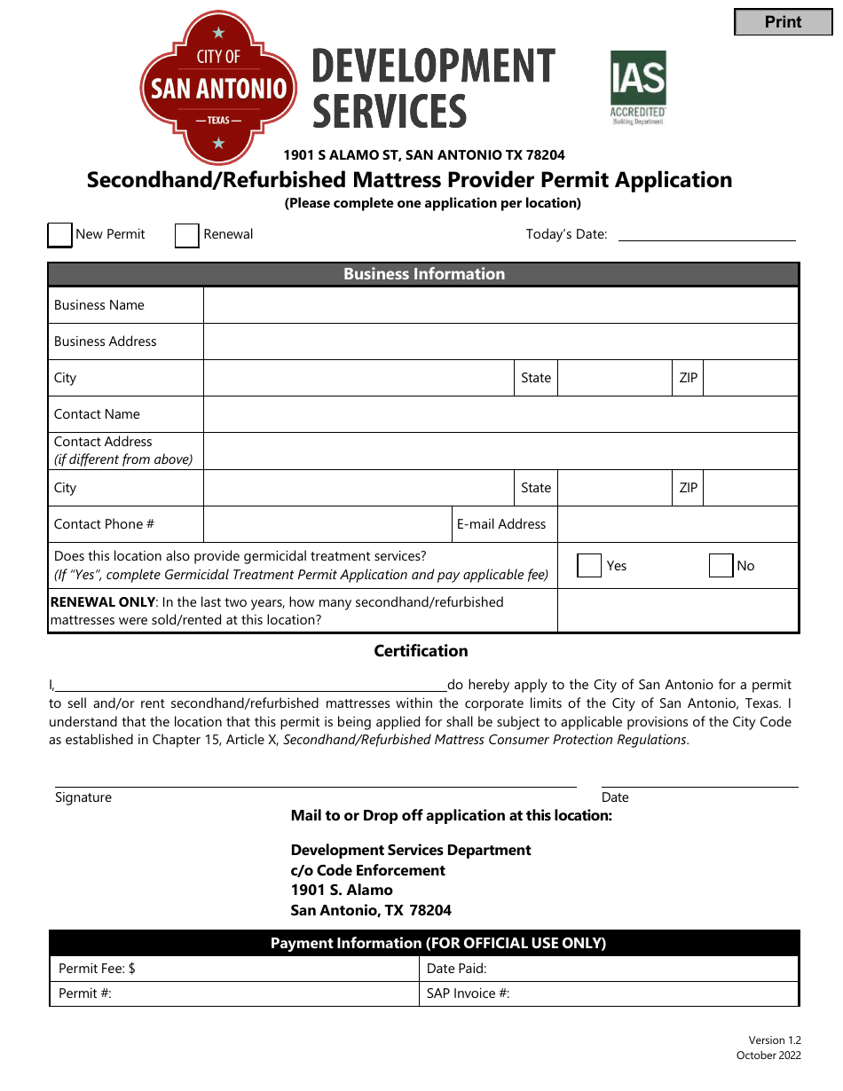 Secondhand / Refurbished Mattress Provider Permit Application - City of San Antonio, Texas, Page 1