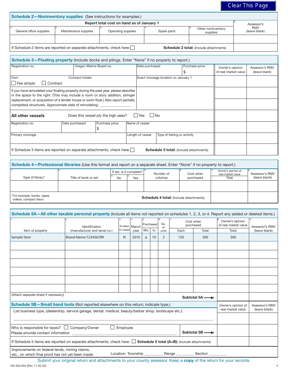 Form OR-CPPR (150-553-004) Confidential Personal Property Return - Oregon, Page 2