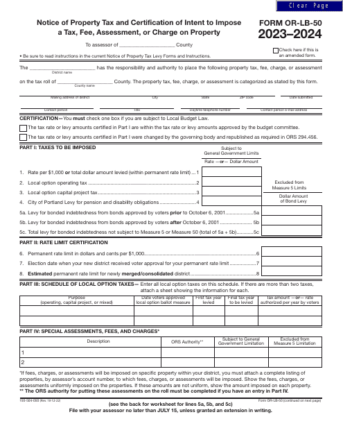 Form OR-LB-50 (150-504-050) Notice of Property Tax and Certification of Intent to Impose a Tax, Fee, Assessment, or Charge on Property - Oregon, 2024