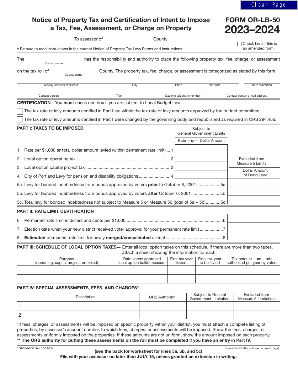 Form OR-LB-50 (150-504-050) - 2024 - Fill Out, Sign Online and Download ...