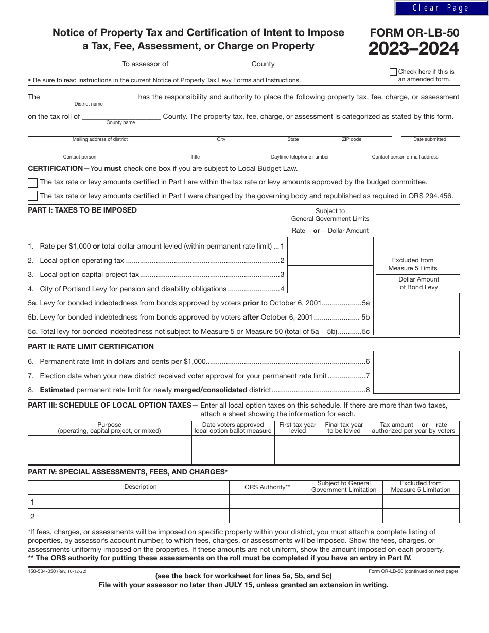 Form OR-LB-50 (150-504-050) Notice of Property Tax and Certification of Intent to Impose a Tax, Fee, Assessment, or Charge on Property - Oregon, Page 1