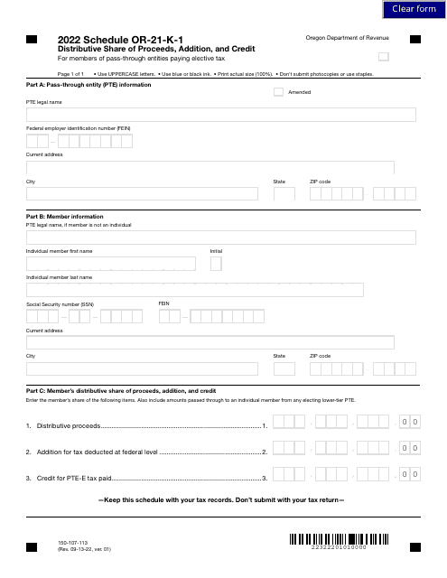 Form 150-107-113 Schedule OR-21-K-1 2022 Printable Pdf