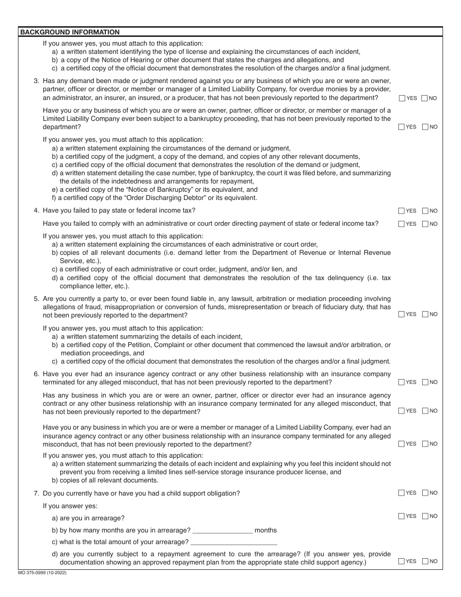 Form MO375-0999 Application for Limited Lines Self-service Storage Insurance Producer License Renewal - Missouri, Page 2
