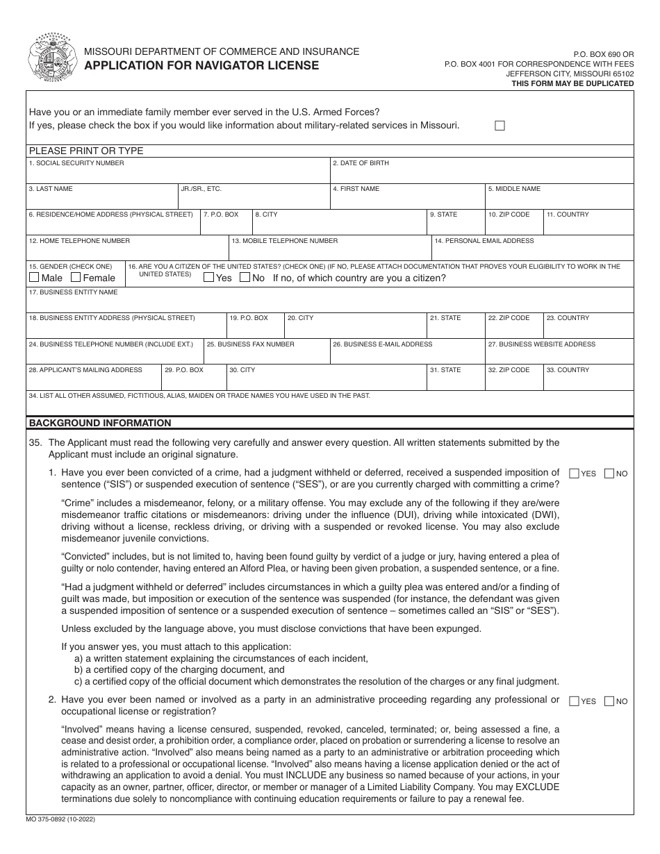 Form MO375-0892 Application for Navigator License - Missouri, Page 1