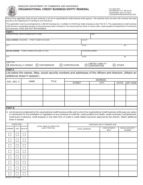 Form MO375-1131 Organizational Credit Business Entity Renewal - Missouri