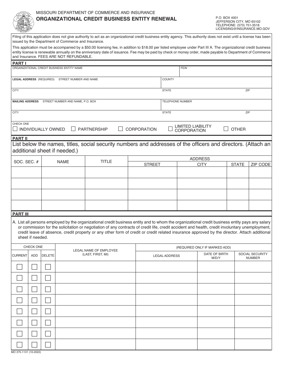 Form MO375-1131 Organizational Credit Business Entity Renewal - Missouri, Page 1