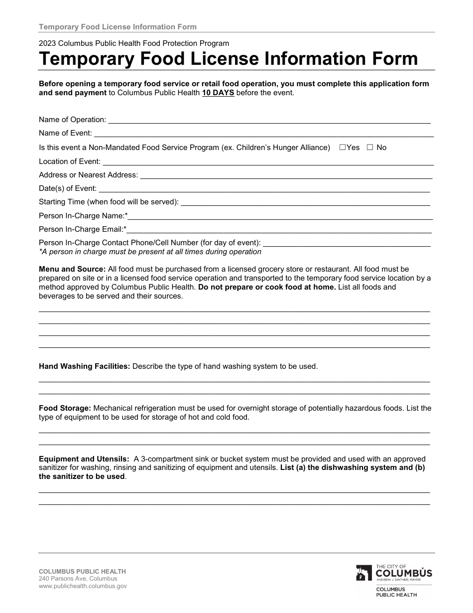 Temporary Food License Information Form - Columbus Public Health Food Protection Program - City of Columbus, Ohio, Page 4