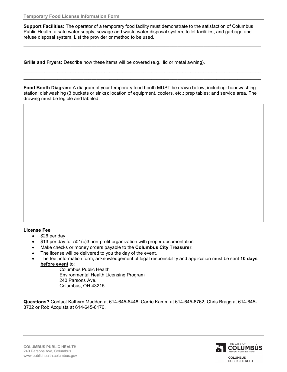 Temporary Food License Information Form - Columbus Public Health Food Protection Program - City of Columbus, Ohio, Page 5