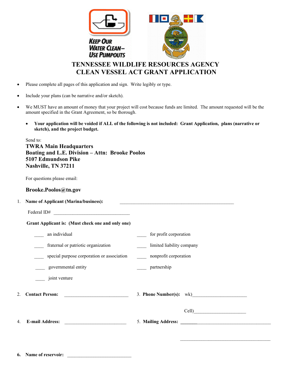 Clean Vessel Act Grant Application - Tennessee, Page 1