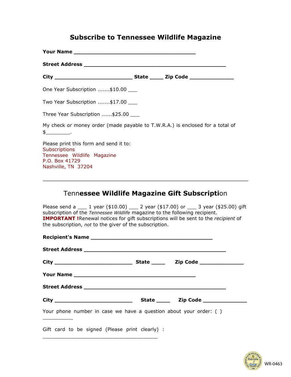 Form WR-0463 Tennessee Wildlife Magazine Subscription Form - Tennessee, Page 1