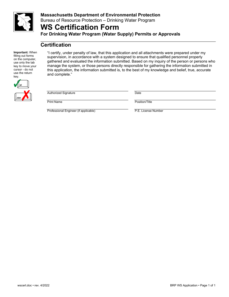 Form WS Certification Form for Drinking Water Program (Water Supply) Permits or Approvals - Massachusetts, Page 1