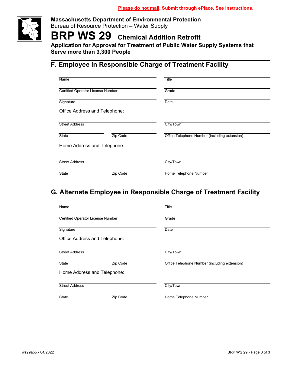 Form BRP WS29 Application for Approval for Treatment of Public Water Supply Systems That Serve More Than 3,300 People - Massachusetts, Page 3