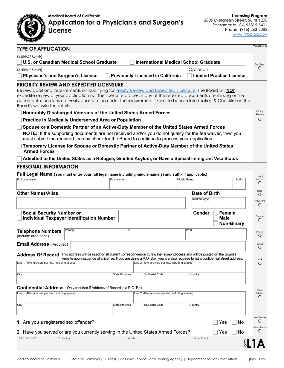 Form L1 Application for a Physicians and Surgeons License - California, Page 1