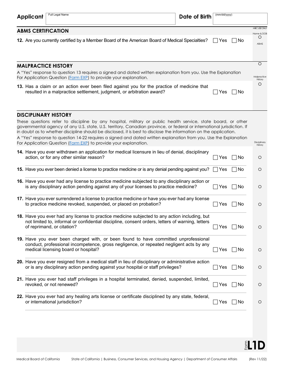 Form L1 Application for a Physicians and Surgeons License - California, Page 4
