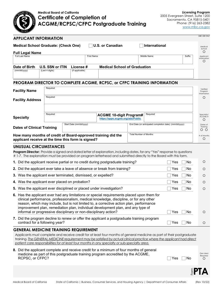 Form PT Certificate of Completion of Acgme / Rcpsc / Cfpc Postgraduate Training - California, Page 1