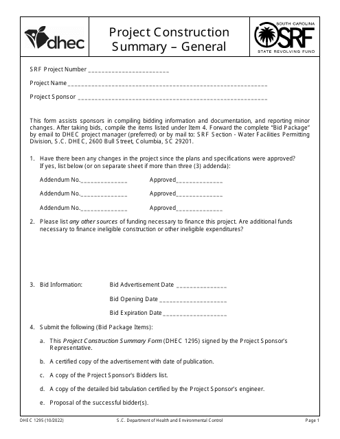 DHEC Form 1295  Printable Pdf