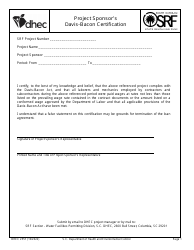 Document preview: DHEC Form 2557 Project Sponsor's Davis-Bacon Certification - South Carolina