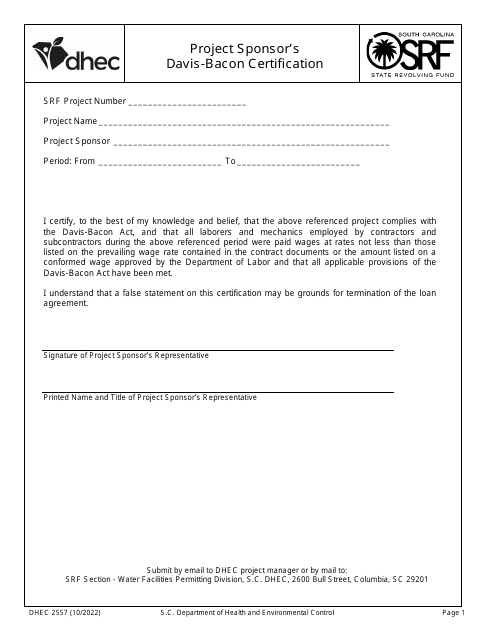 DHEC Form 2557 Project Sponsor's Davis-Bacon Certification - South Carolina