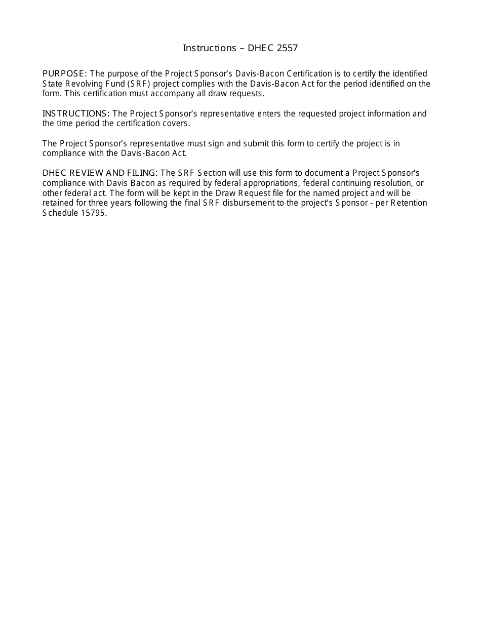 DHEC Form 2557 Project Sponsors Davis-Bacon Certification - South Carolina, Page 2