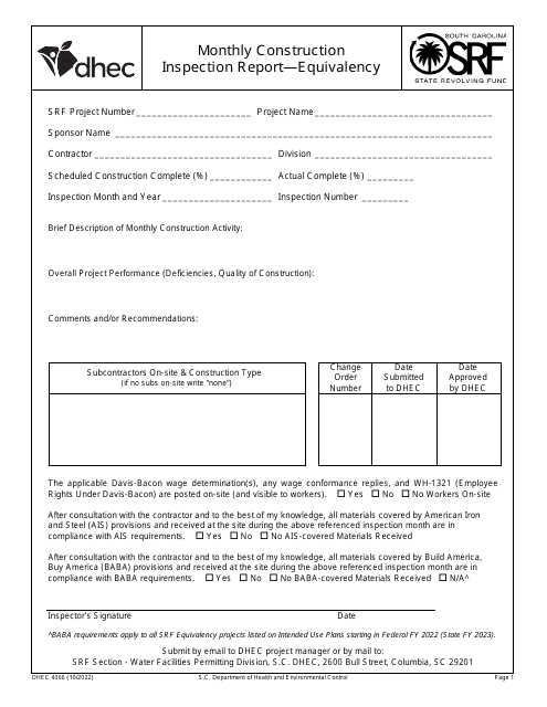 DHEC Form 4366  Printable Pdf