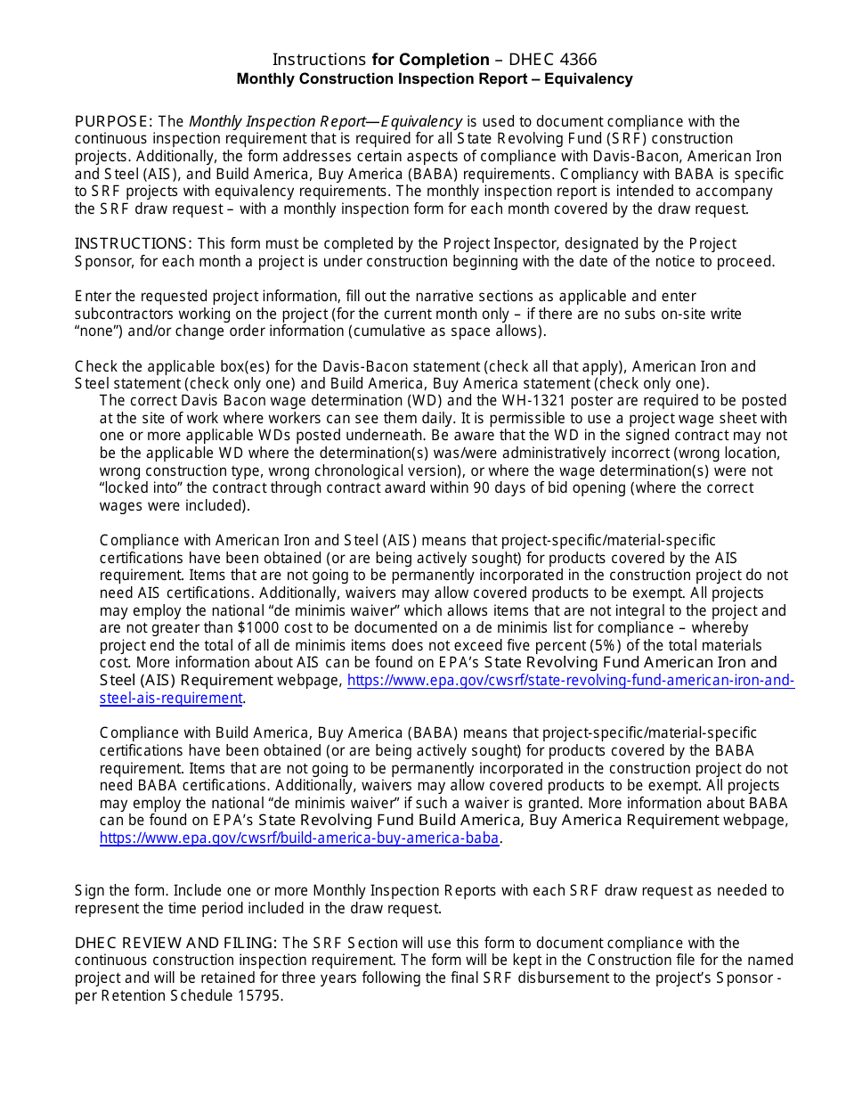 DHEC Form 4366 Monthly Construction Inspection Report - Equivalency - South Carolina, Page 2